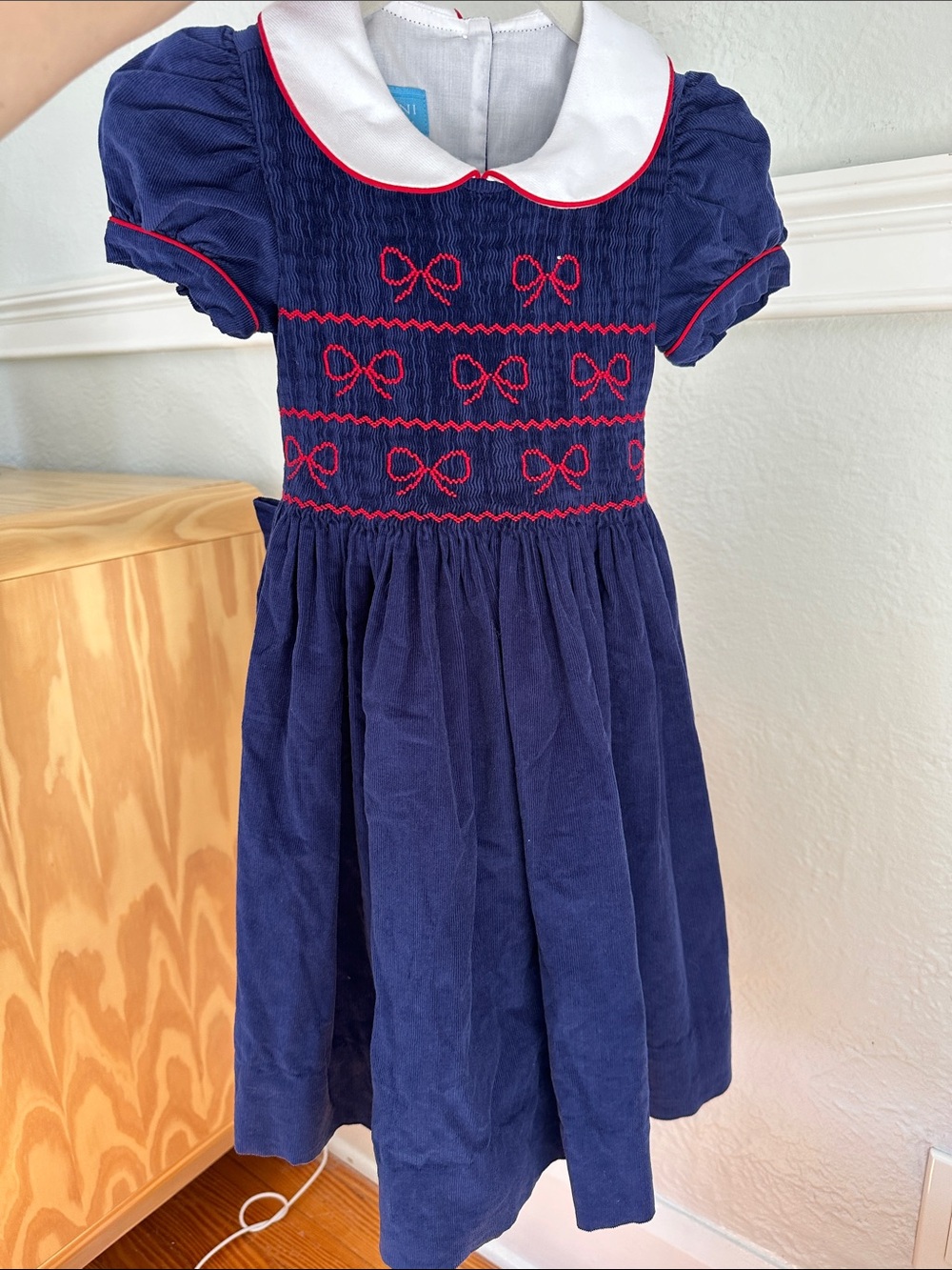 Navy Corduroy Peter Pan Collar Dress with Red Smocked Bows